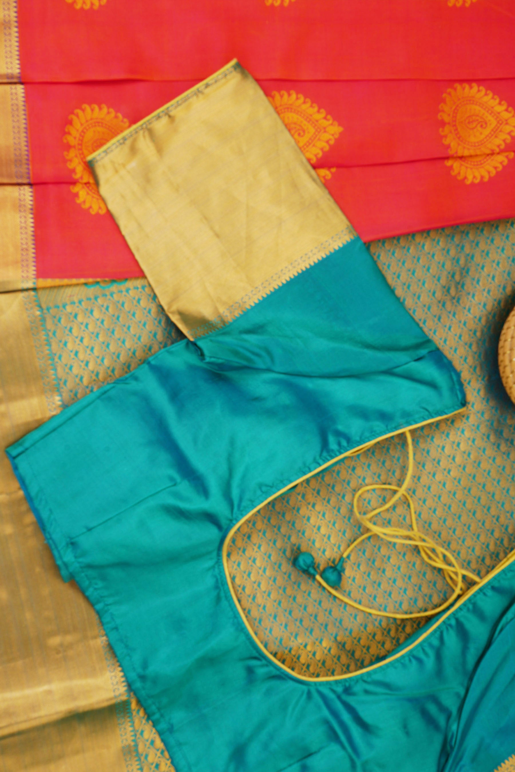 Red Handloom Silk Saree with Grand Pallu & Stitched - View 3 - JCS Fashions