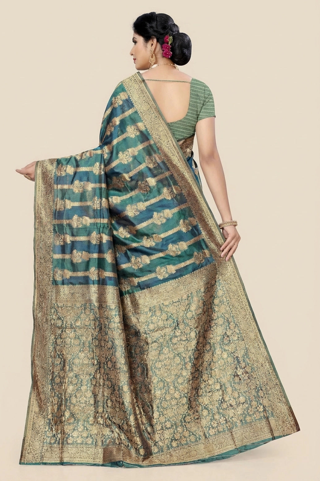 Peacock Blue Organza Silk Designer Saree with Floral Weave, Zari Border and Grand Pallu