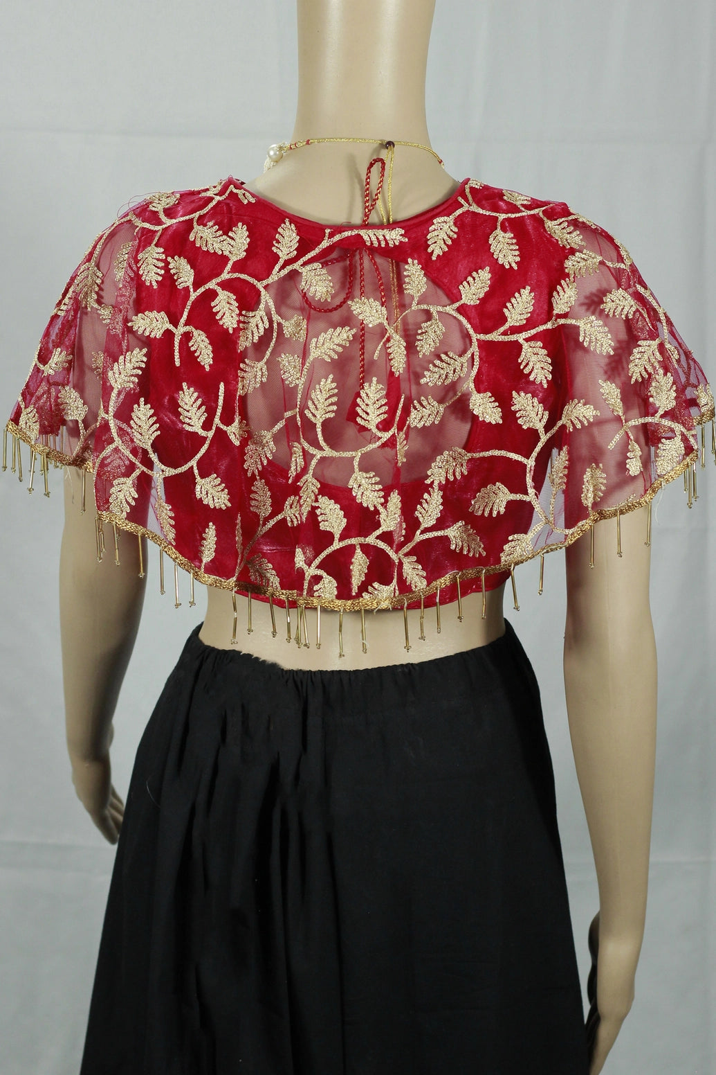 Red Net Designer Padded Blouse with Floral Motifs, Fully Stitched, Sleeveless Back Knot, Golden Embroidery