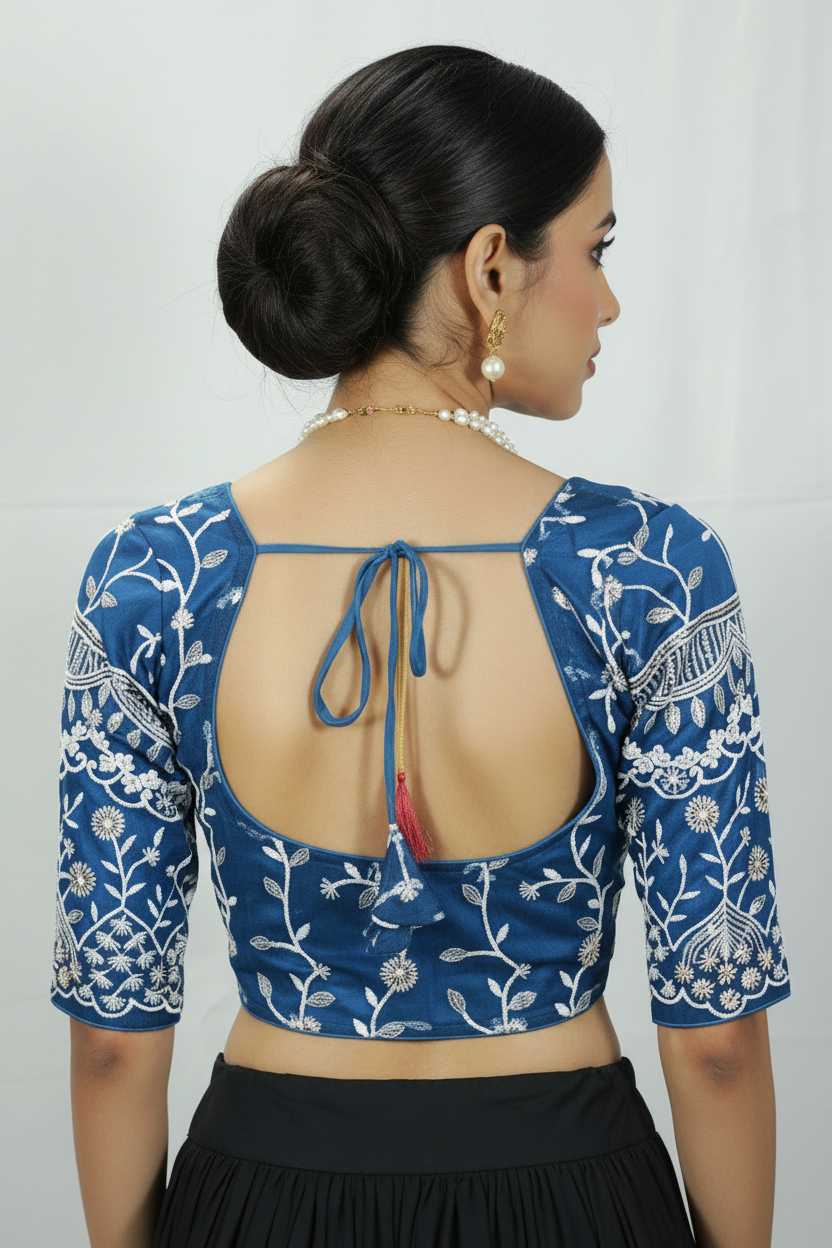 Navy Blue Readymade Padded Blouse with Aari Work Floral Embroidery, Elbow Sleeve and Back Knot Closure