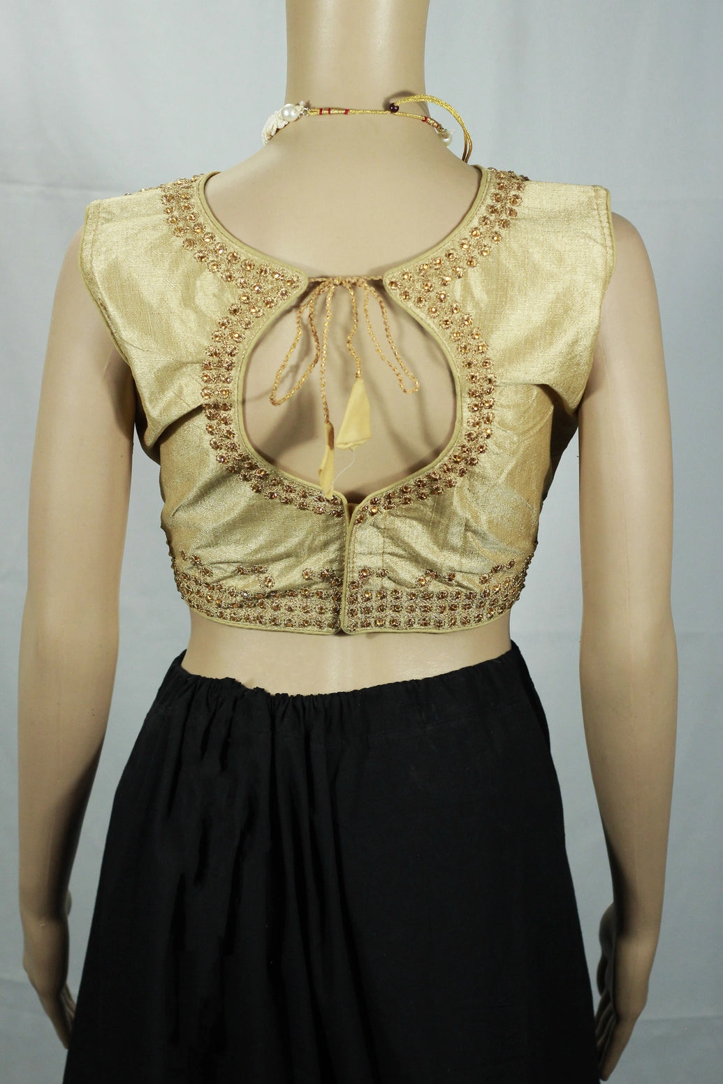 Readymade Designer Padded Blouse, Fully Stitched, Golden thread embroidery aari work with floral motifs around the neckline and shoulders, S