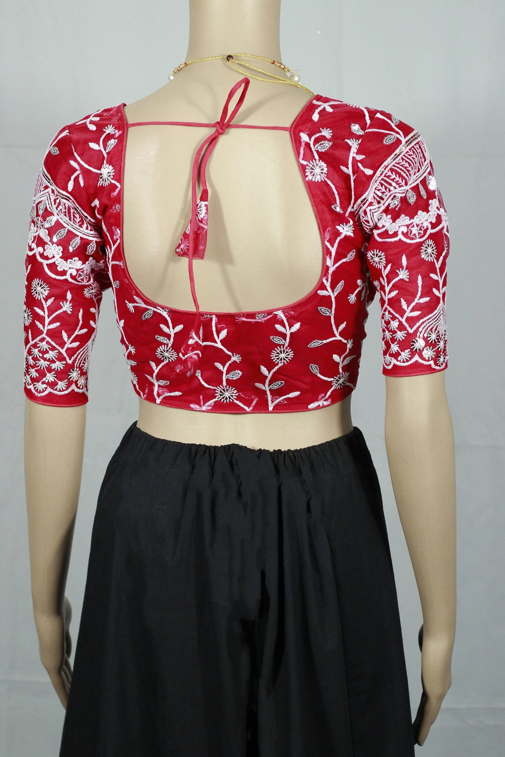 Red Readymade Designer Padded Blouse with Aari Floral Embroidery, Fully Stitched Back Knot and Elbow Sleeves