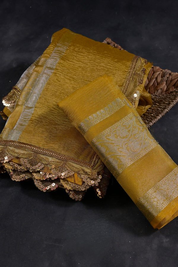 Tissue Silk Saree with Kanchi-Style Border and Lacework | JCSFashions