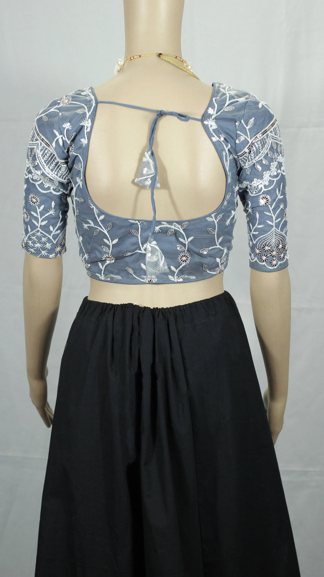 Grey Readymade Padded Designer Blouse with Aari Floral Work, Elbow Sleeve, Back Knot (Stitched)