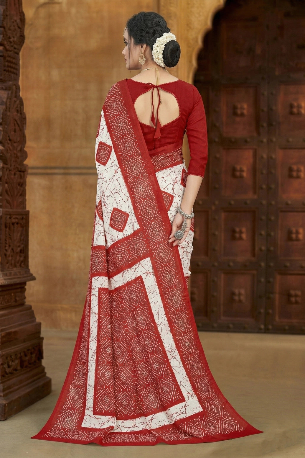 Red & White Pure Cotton Printed Saree with Contrast Border, 5.5m, Traditional Wear
