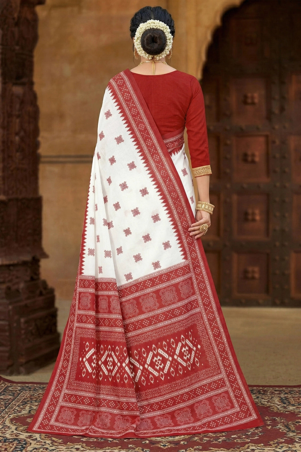 Red Velvet Pure Cotton Printed Saree with Contrast Border for Traditional Wear (Blouse Not Included)