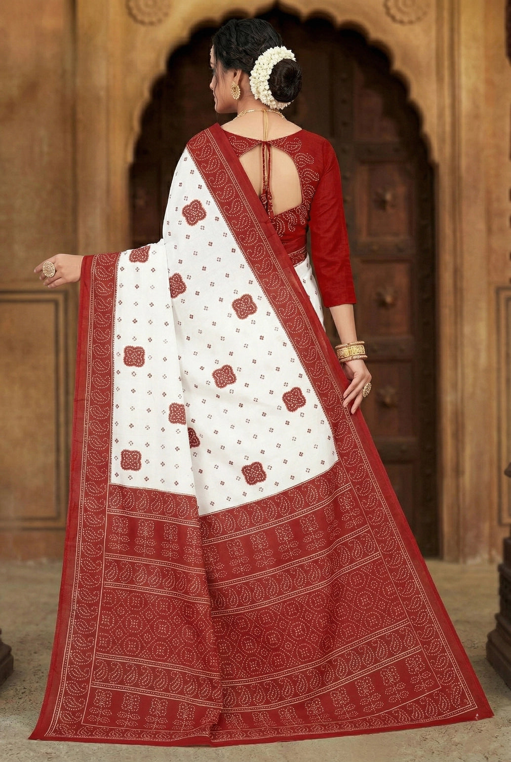 Red Velvet Pure Cotton Printed Saree with Contrast Border and Printed Pallu