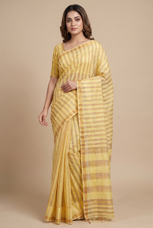 Vertical Zari weaved Lemon Yellow Tissue Linen Saree With Blouse