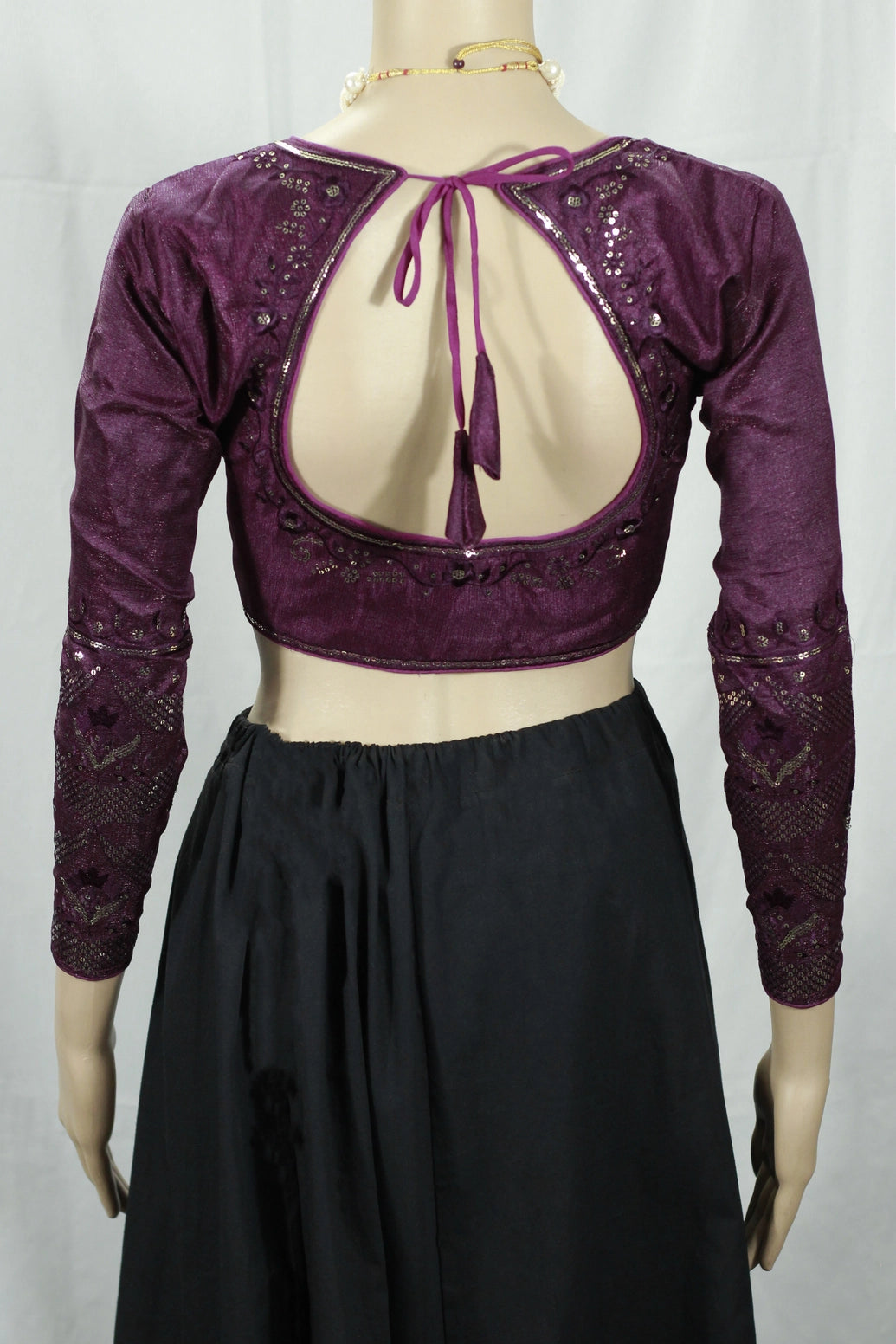 Purple Sequence Padded Full Sleeve Readymade Designer Blouse with Back Knot & Stitchable Fit