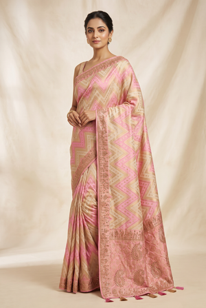 Cream Banarasi Weaves Silk Saree With Contrast Blouse