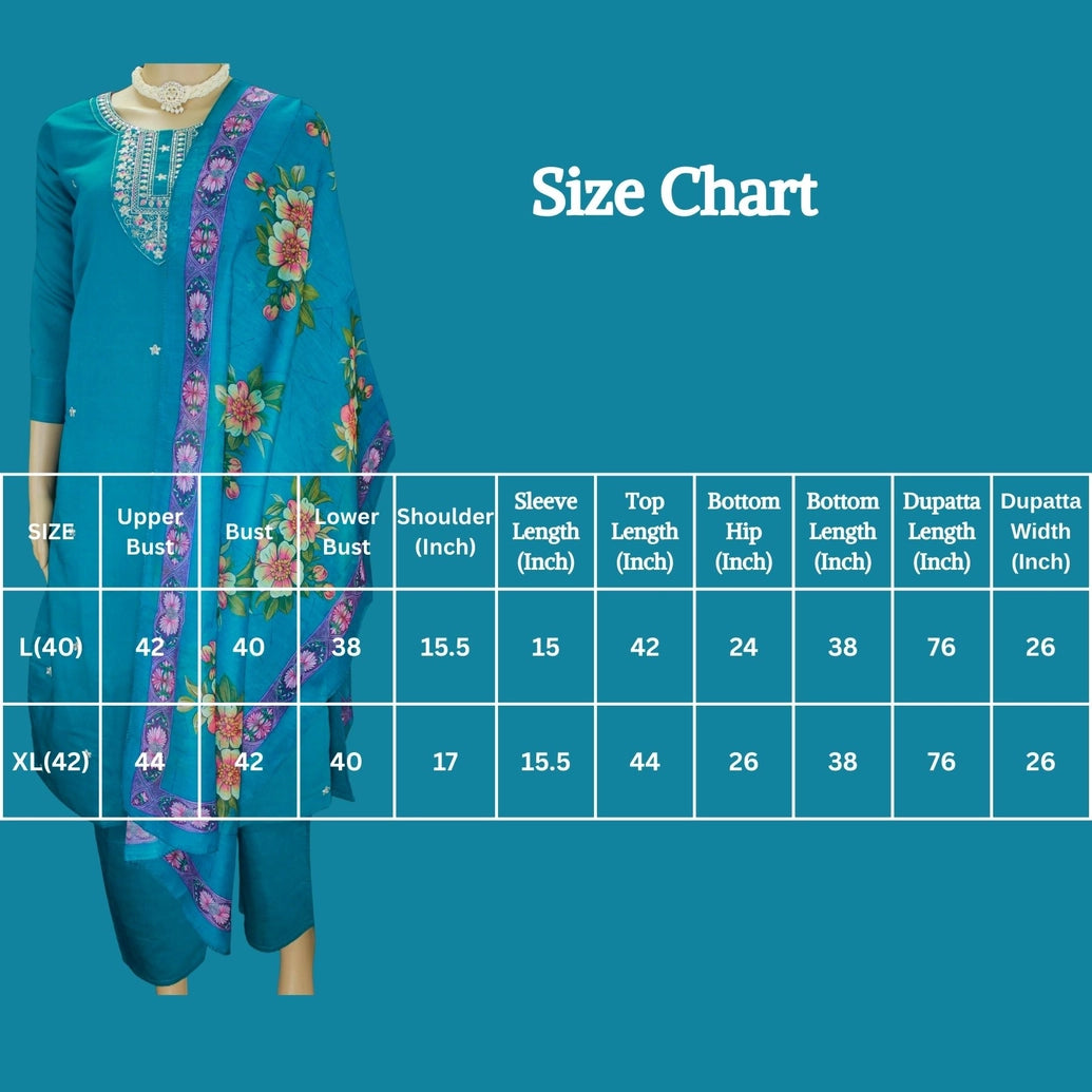 Elegant Teal Roman Silk 3 Piece Set with Digital Dupatta