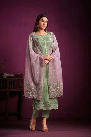 Green Embroidered Chinnon Salwar Kurti Set: Sequin