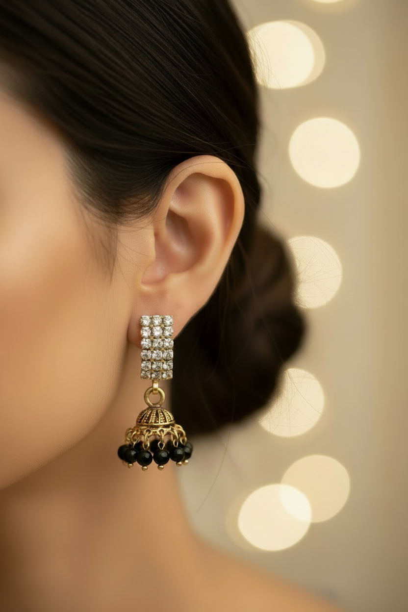 Maroon Gold Look Crystal Stud Jhumka Earrings