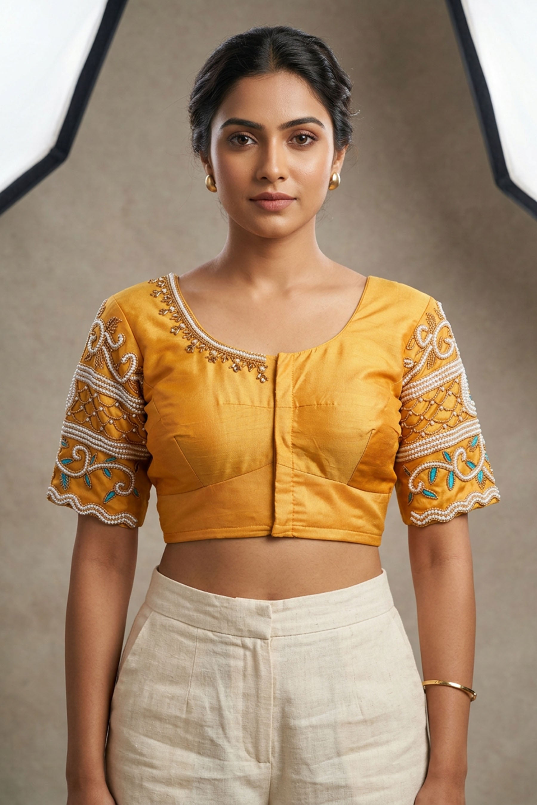 Yellow Heavy Aari Bridal Blouse - Pearl & Tassels — front pose