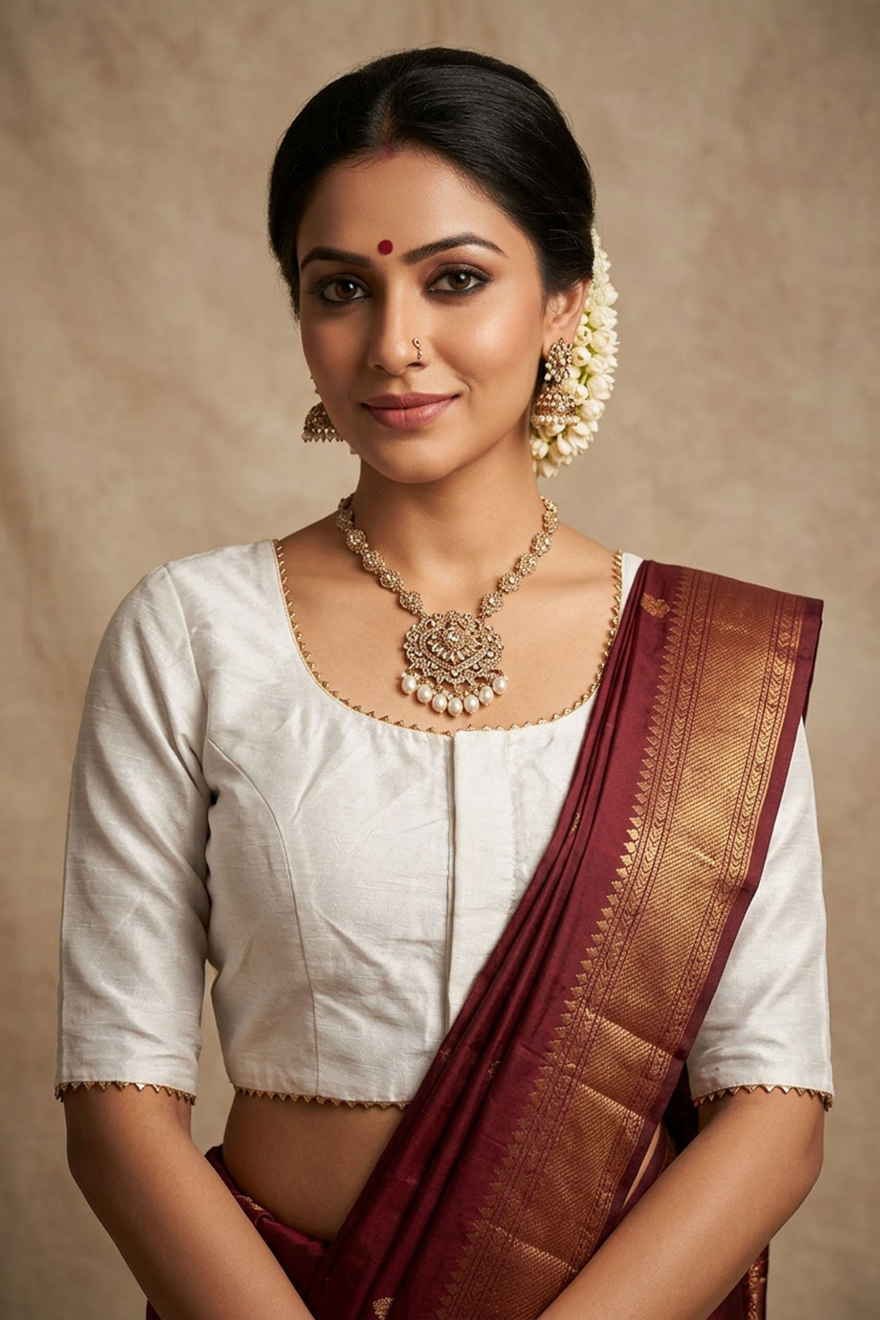 White Raw Silk Padded Blouse - Elbow Sleeve, Back Knot — front pose