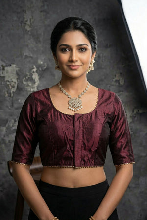 Purple Raw Silk Padded Blouse - Elbow Sleeve, Back Knot