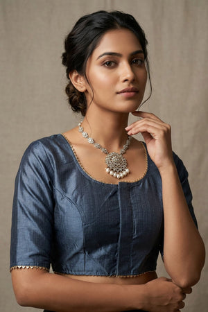 Gray Raw Silk Padded Blouse - Elbow Sleeve, Back Knot
