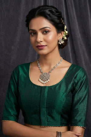 Green Raw Silk Padded Blouse - Elbow Sleeve, Back Knot