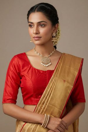 Red Raw Silk Padded Blouse - Elbow Sleeve, Back Knot