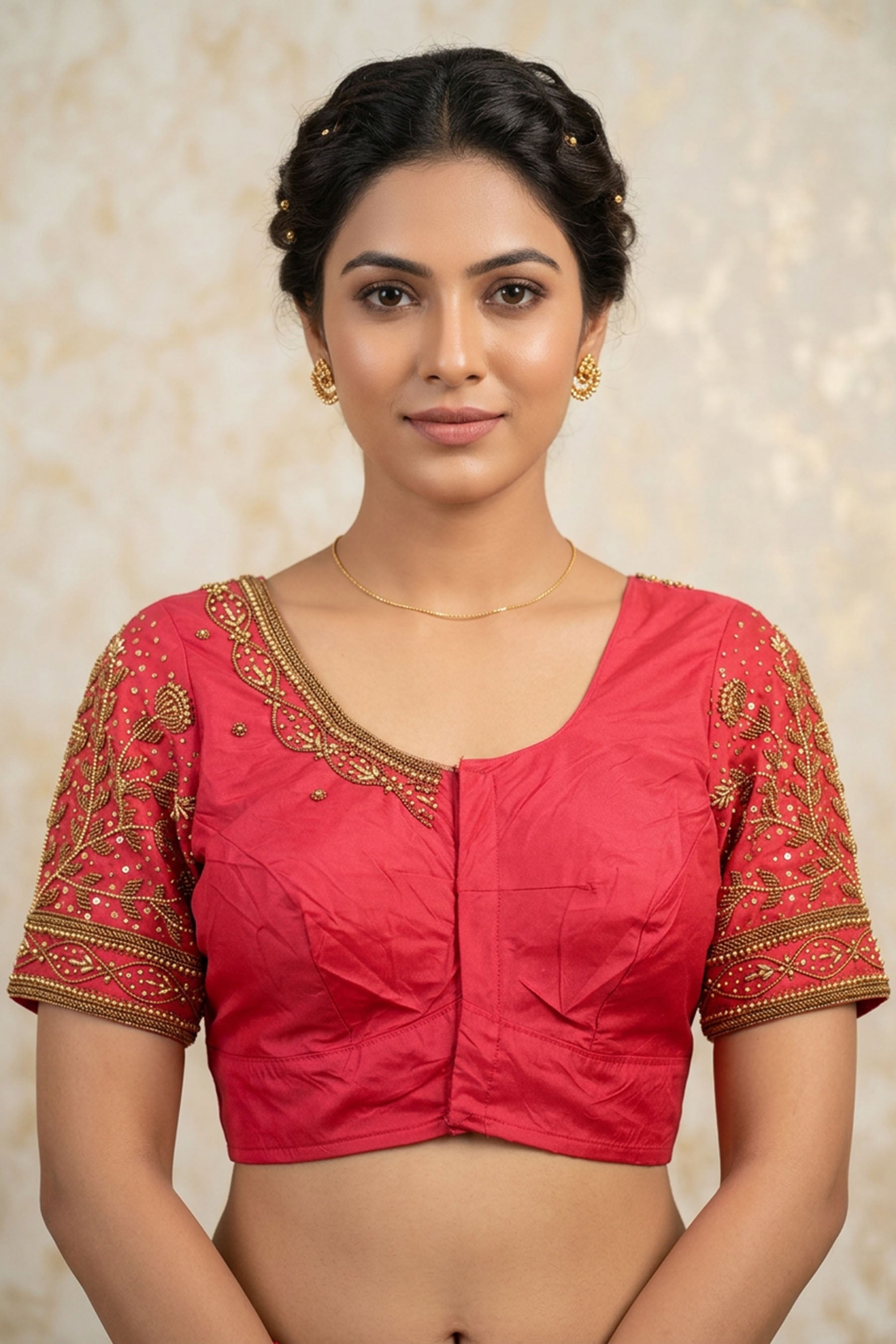 Red Aari Work Silk Blouse - With Latkan — front pose