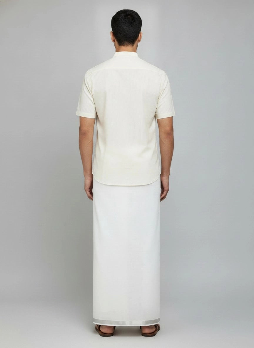 Men’s White Cotton Dhoti with Velcro Waist and Pocket, Silver Zari Border (2 Metre)