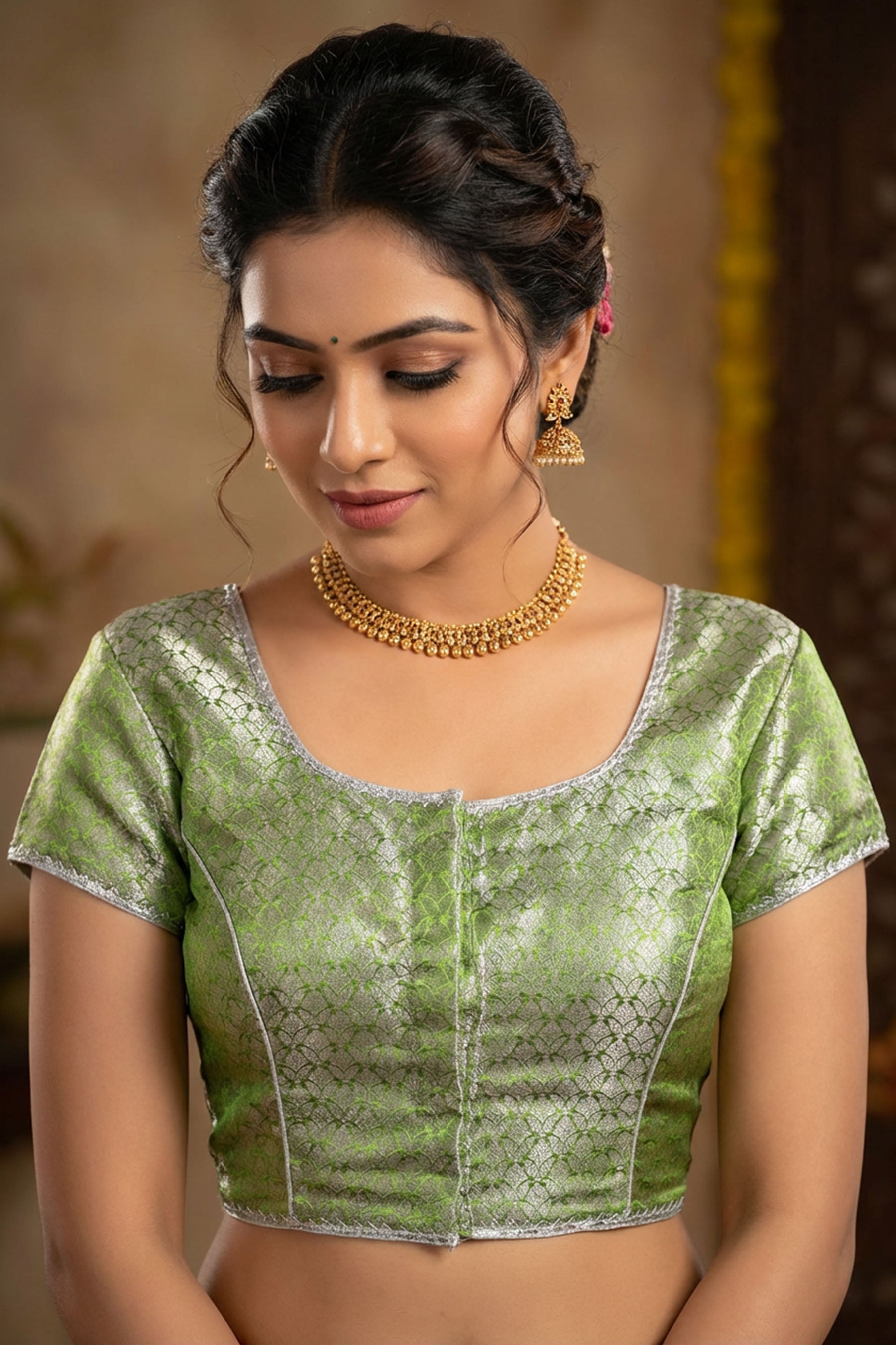 Green Banarasi Saree Blouse - Stitched Zari Work