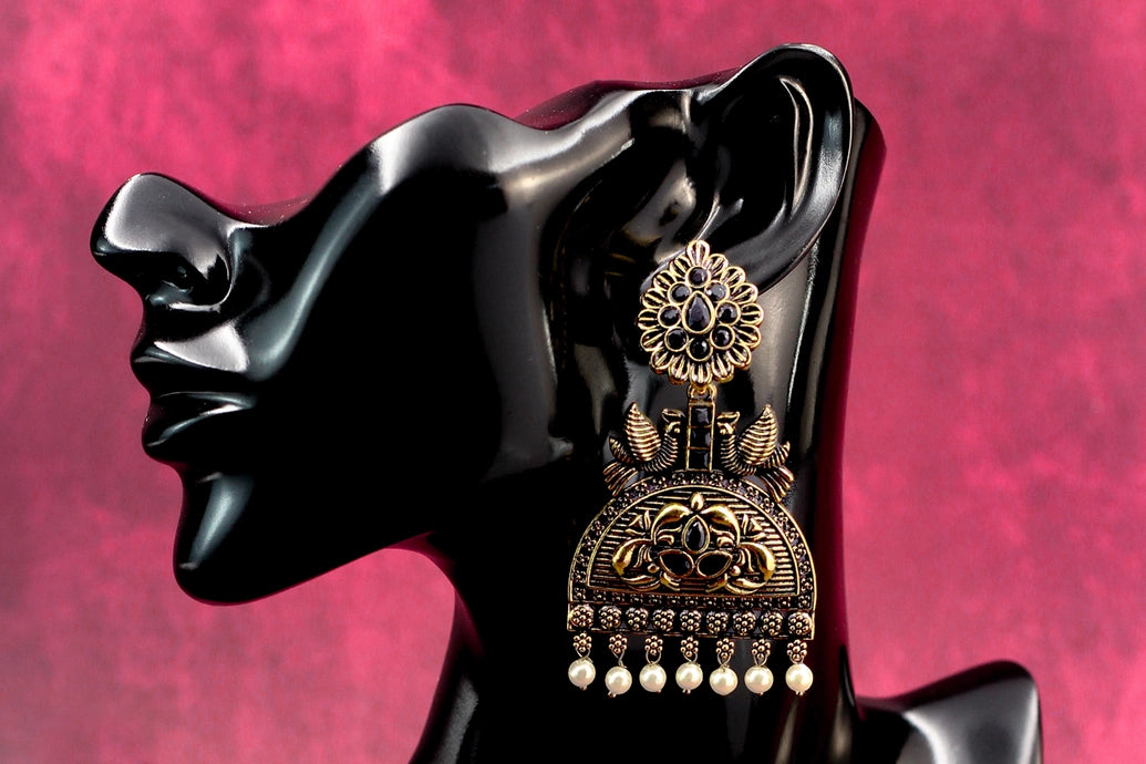 3-inch Antique Gold-Tone Black Stone Jhumka Earrings with Pearl Drops - Traditional Indian Fashion Jewellery Jewelry JCS Fashions