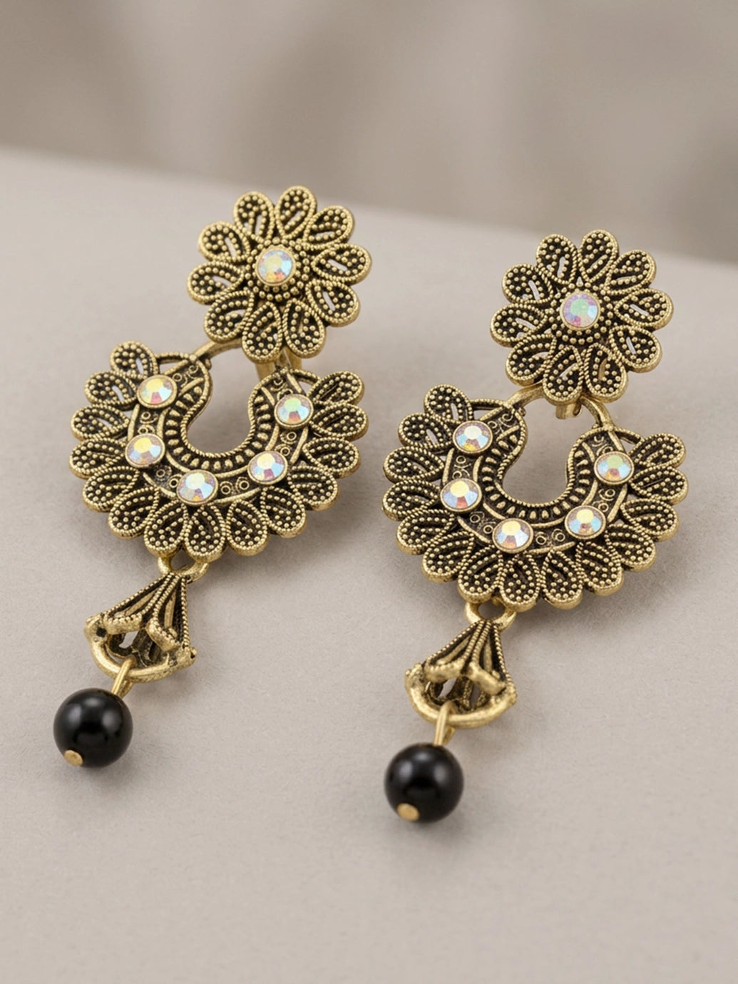 Traditional Floral Drop Earrings with Colorful Stone Stud and Bead Dangles - Black