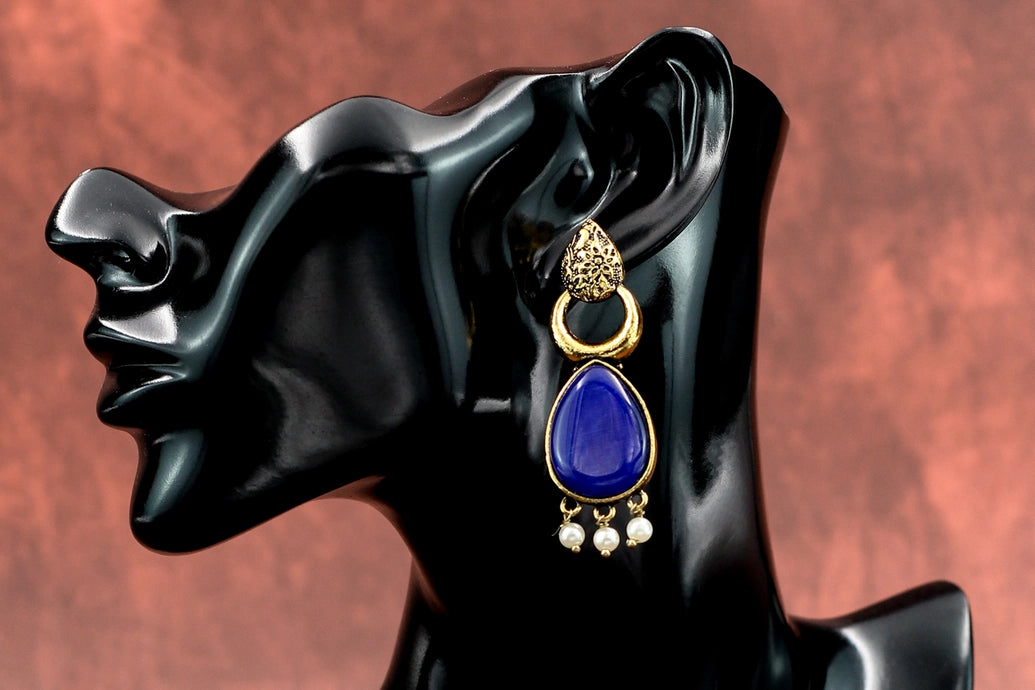 Gold-Tone Blue Teardrop Ethnic Earrings with Pearl Drops – Traditional Fashion Jewellery Jewelry JCS Fashions