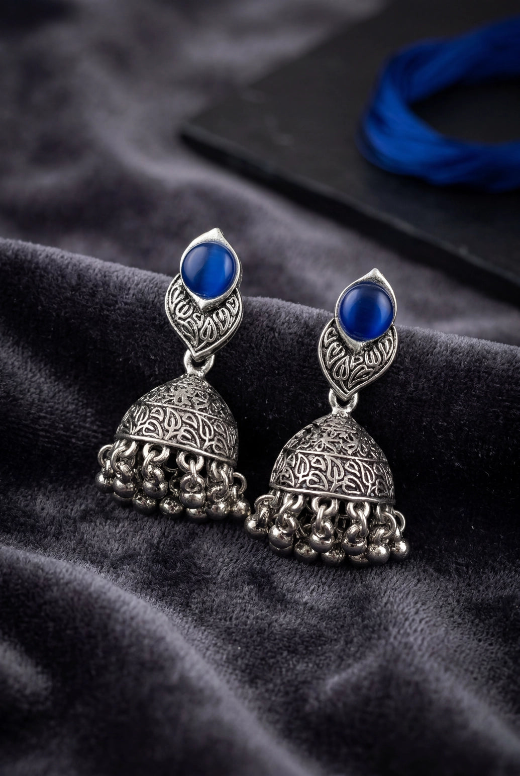 Oxidized Silver-Tone Jhumka Earrings with Round Stone & Leaf Connector, Gungroo Tassels - Blue