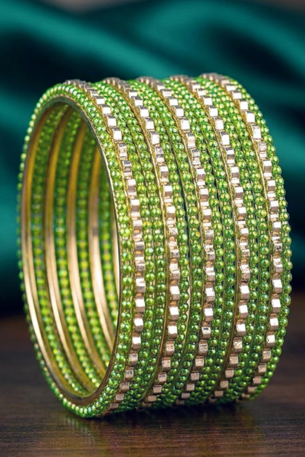 Stone Studded Metallic Bangle Set with Sparkling Rows (Purple/Light Orange/Bright Green) - Bright Green
