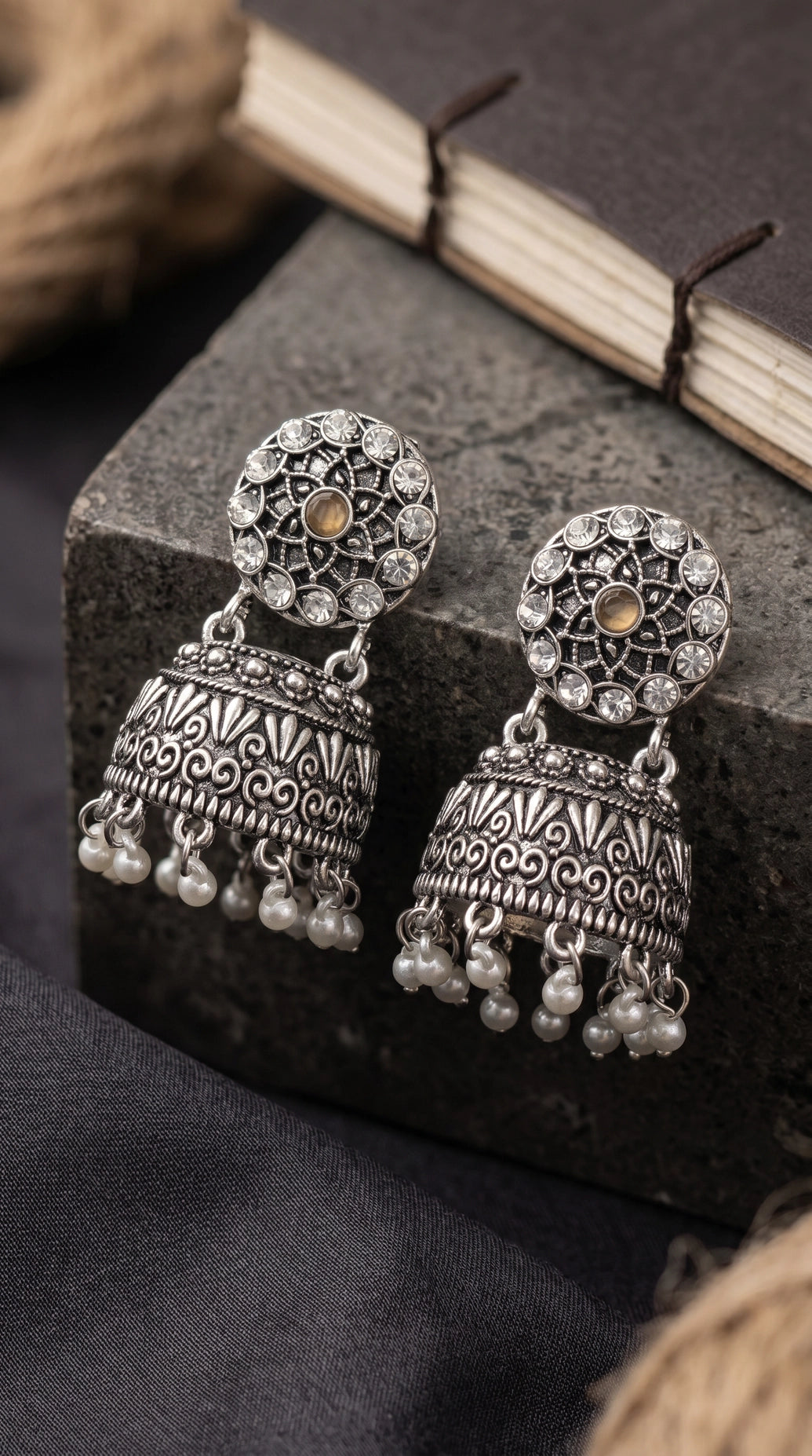 Oxidized Silver-Tone Jhumka Earrings with Studded Stones and Pearl Drops - Brown