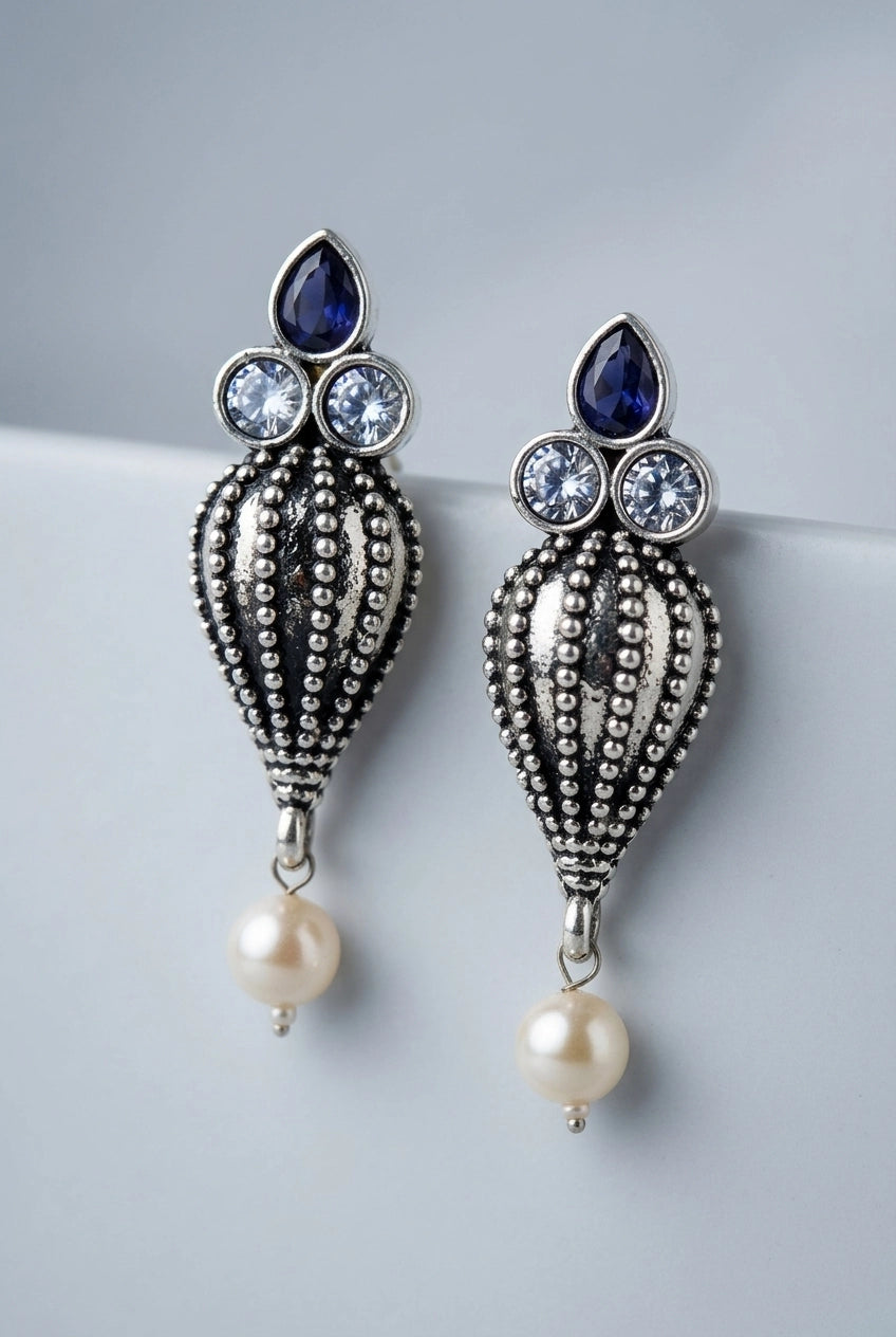 Antique Oxidized Silver Teardrop Jhumka Earrings with Pearls & Crystal Stones (1 Pair) - Dark Grey