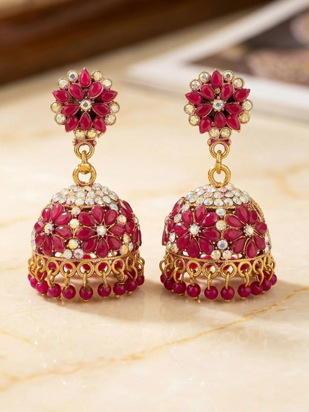 Traditional Gold-Tone Jhumka Earrings with Floral Stud & Multicolor Bead Danglers - Dark Pink