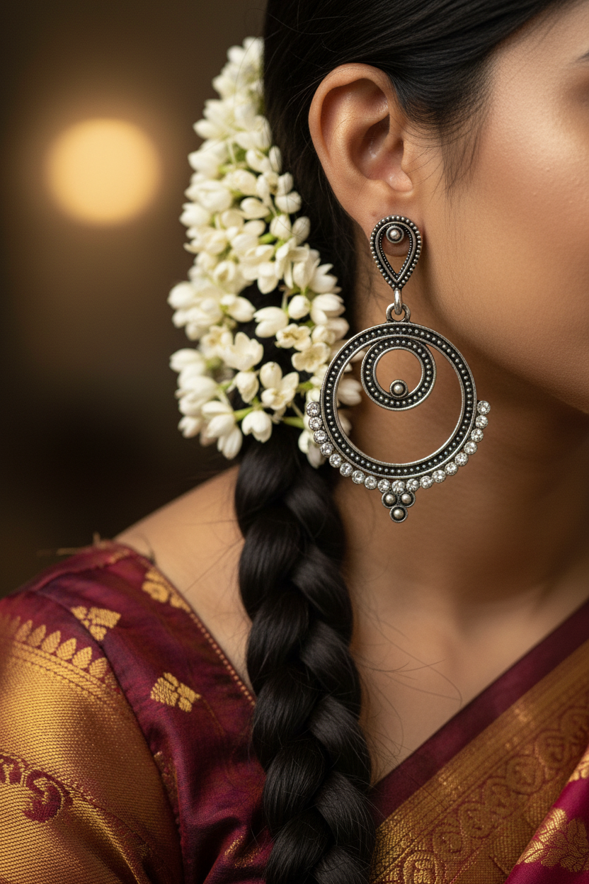Oxidized Silver Spiral Drop Earrings with Coloured Stone Beads — 2 inch Traditional Indian Fashion Jewellery
