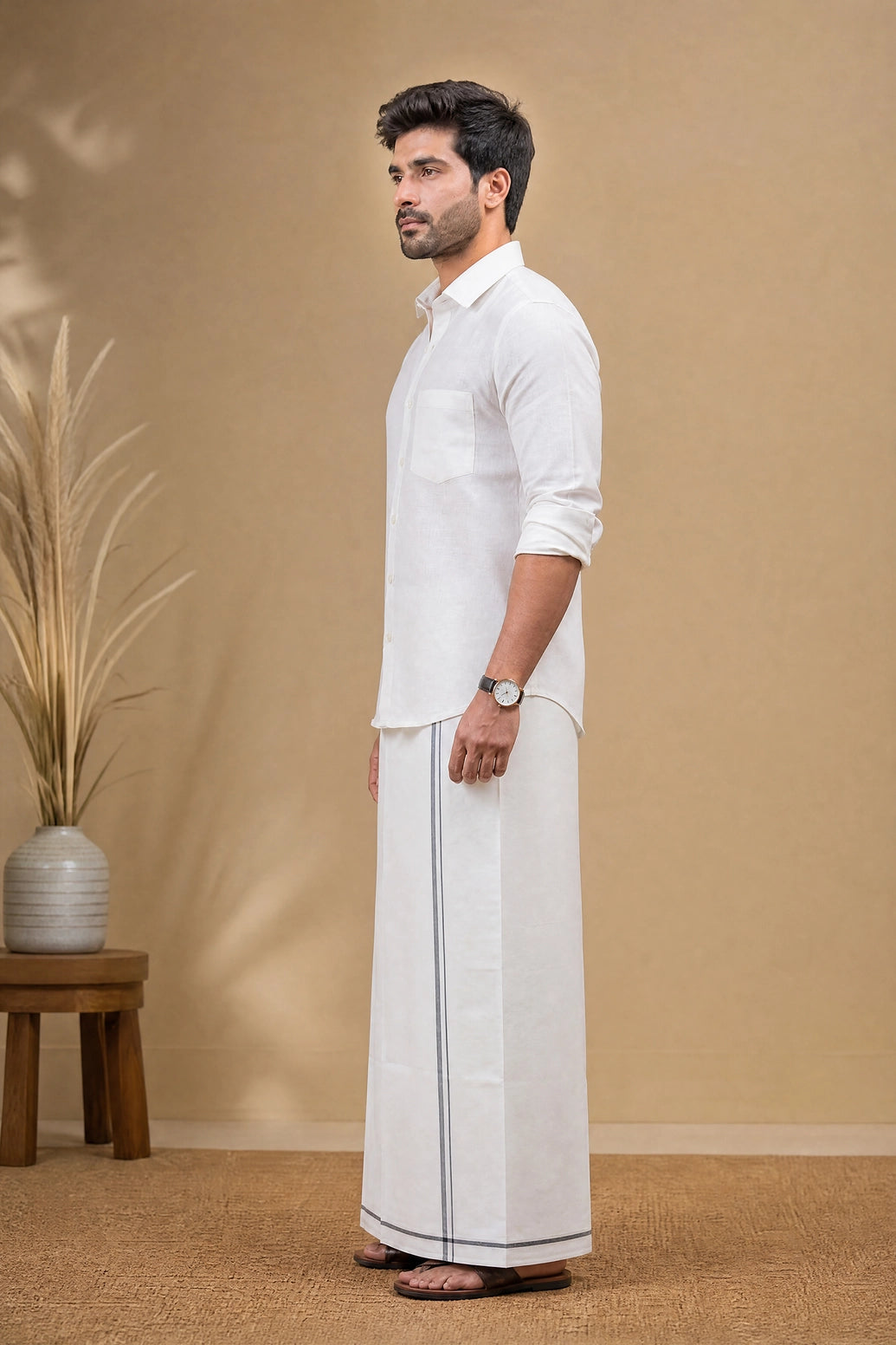 Men’s Off-White Cotton Dhoti with 0.25 inch Coloured Border, 2 Metre Single Veshti for Wedding & Festive Wear - Gray