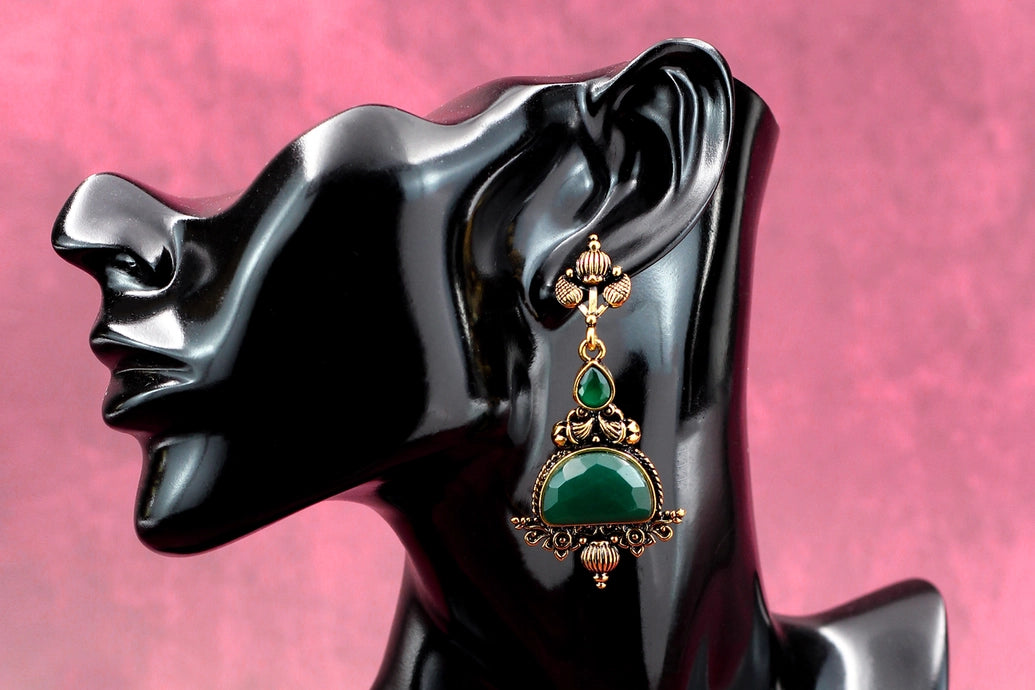 Green Half-Moon Stone Jhumka Earrings - Antique Gold-Tone Traditional Danglers, 2.6 inch Fashion Jewellery Jewelry JCS Fashions