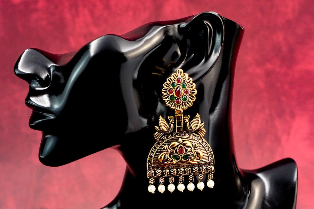 Antique Gold-Tone Jhumka Earrings with Green and Red Stones, Floral Stud & Pearl Drops - 3 inch Jewelry JCS Fashions
