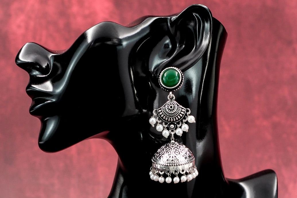 Oxidised Silver-Tone Green Stone Pearl Jhumka Earrings - Long Ethnic Stud Jhumki, 2.8 inch Jewelry JCS Fashions