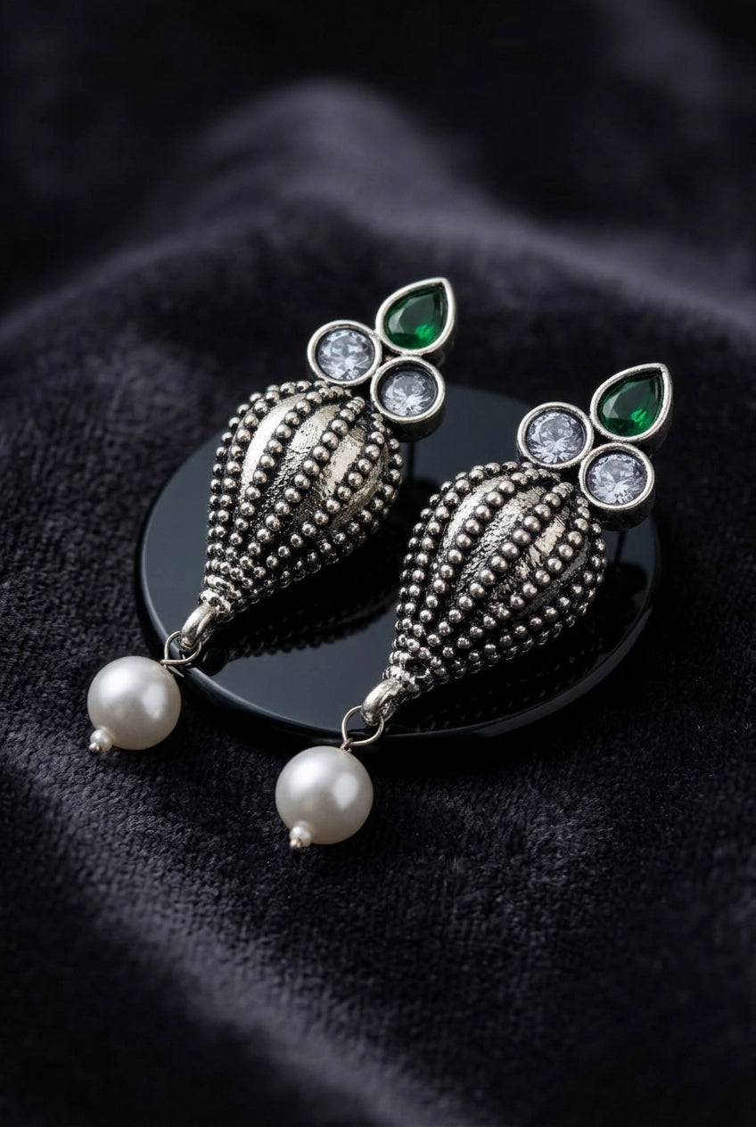 Antique Oxidized Silver Teardrop Jhumka Earrings with Pearls & Crystal Stones (1 Pair) - Green