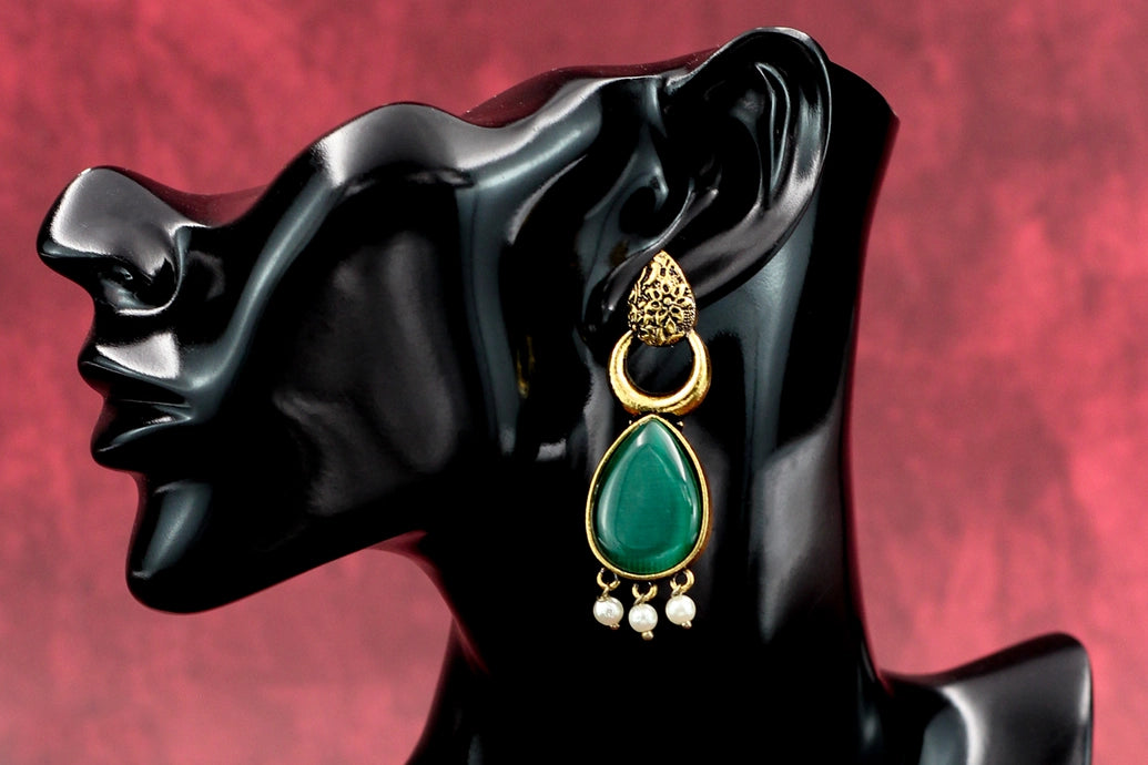 Gold-Tone Green Teardrop Earrings with Pearl Drops — Ethnic Fashion Jewellery Jewelry JCS Fashions