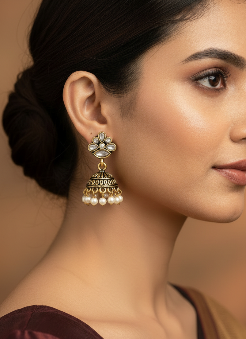 Grey Floral Stud Jhumka Earrings with Pearl Drops - 1.5 inch