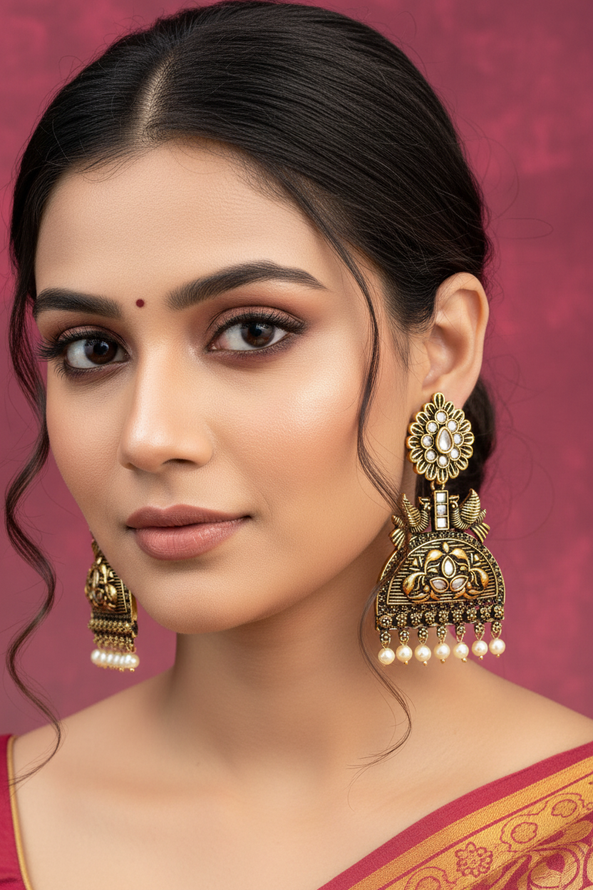 Antique Gold-Tone Grey Stone Jhumka Earrings with Pearl Drops - 3 Inch Ethnic Fashion Jewellery