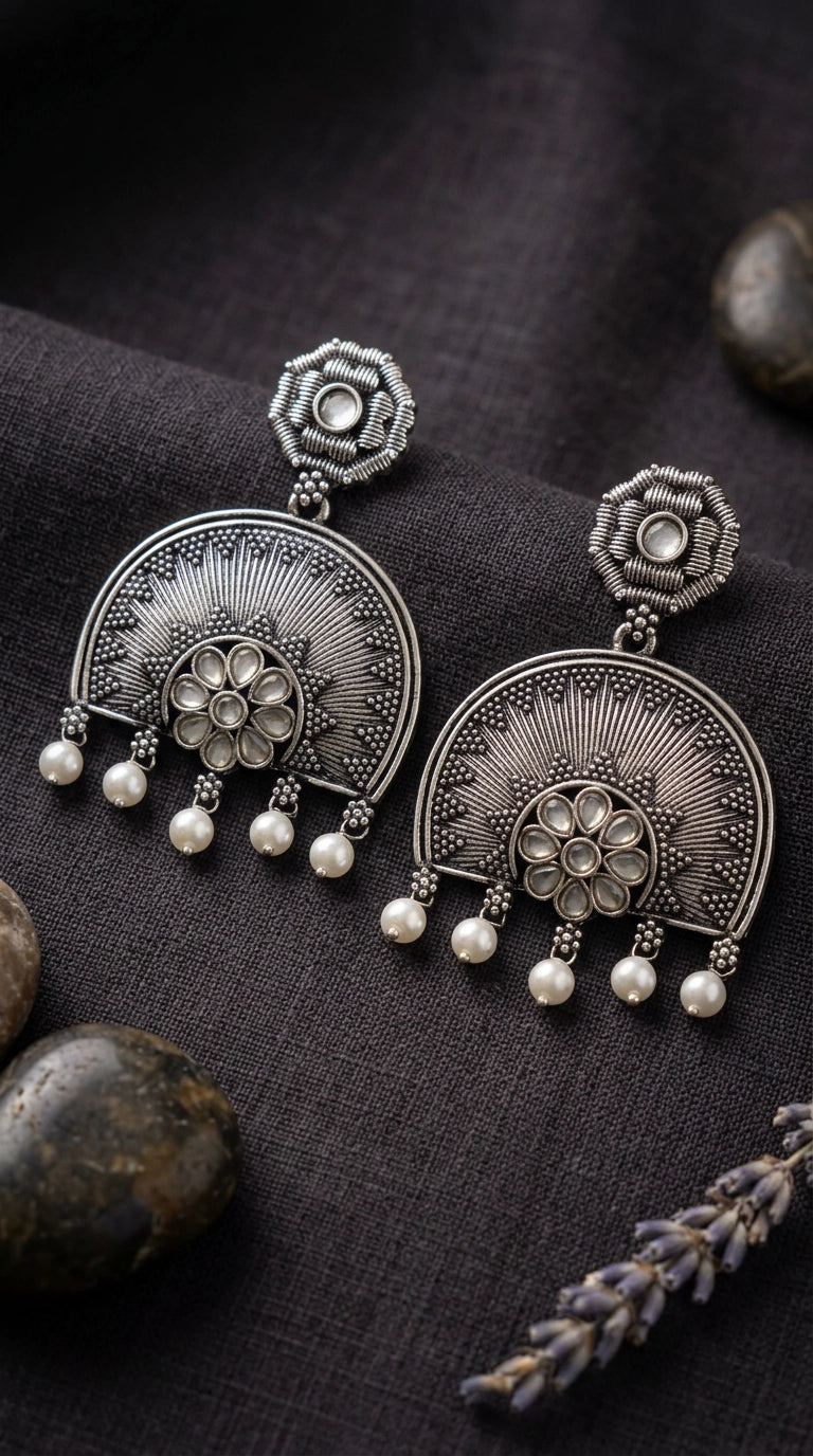 Oxidized Silver Floral Pendant Earring Set with Pearl Drops and Sunburst Motif - Grey