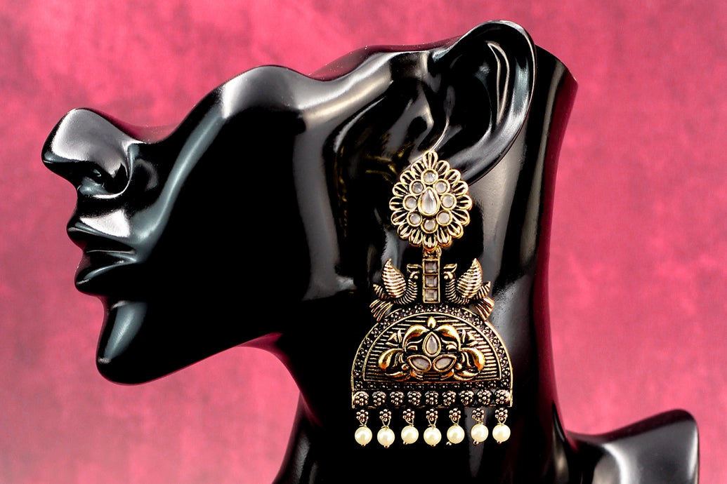 Antique Gold-Tone Grey Stone Jhumka Earrings with Pearl Drops - 3 Inch Ethnic Fashion Jewellery Jewelry JCS Fashions