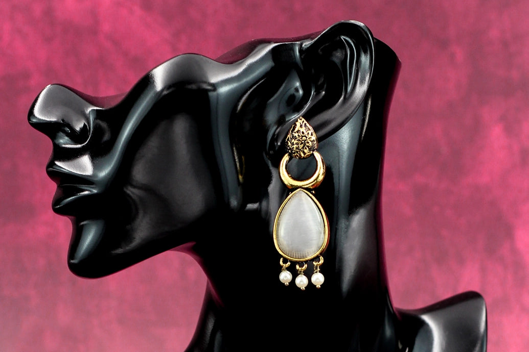 Traditional Gold-Tone Grey Teardrop Ethnic Dangle Earrings with Three Pearl Drops - Fashion Jewellery Jewelry JCS Fashions