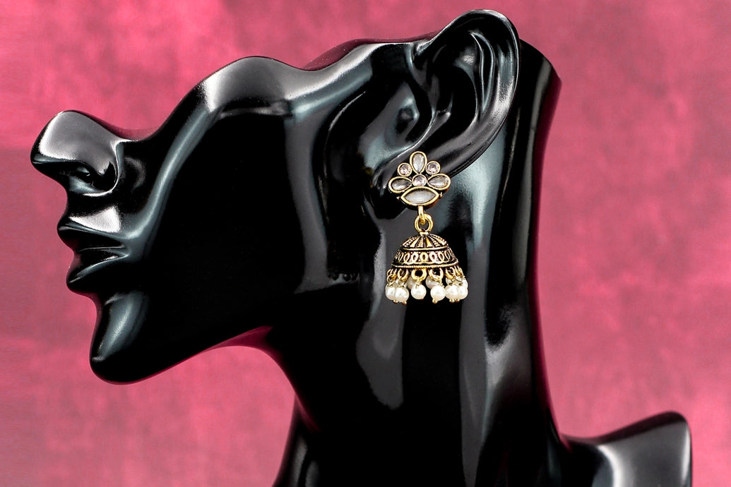 Grey Floral Stud Jhumka Earrings with Pearl Drops - 1.5 inch Jewelry JCS Fashions