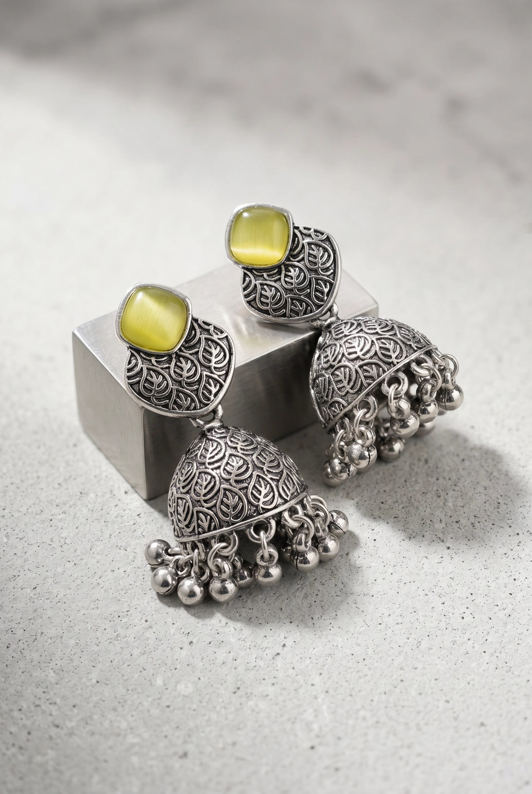 Oxidized Silver-Tone Jhumka Earrings with Square Stone, Leaf Engraved Top & Ghungroo Beads (Sea Blue/Mint/Lemon) - Lemon Yellow