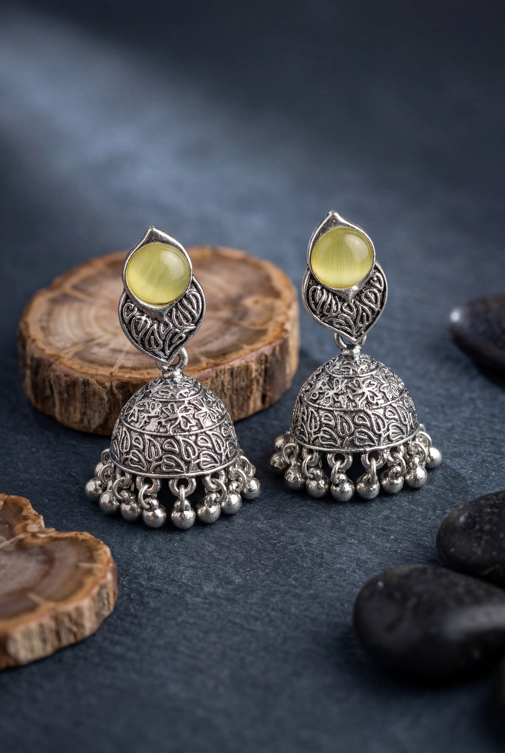 Oxidized Silver-Tone Jhumka Earrings with Round Stone & Leaf Connector, Gungroo Tassels - Lemon Yellow