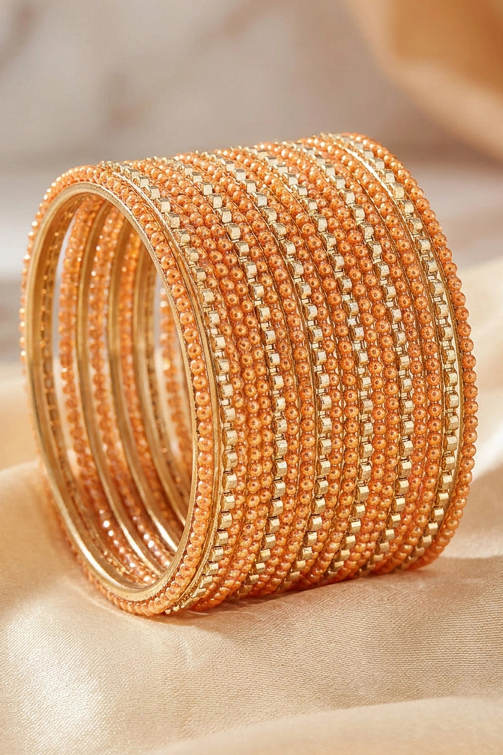 Stone Studded Metallic Bangle Set with Sparkling Rows (Purple/Light Orange/Bright Green) - Light Orange